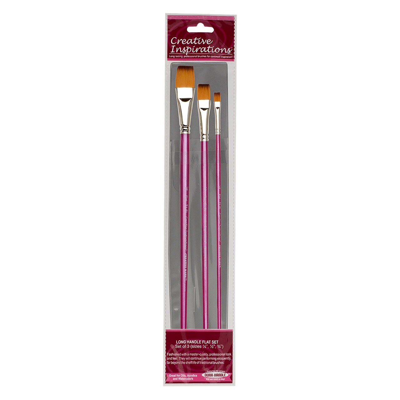 Creative Inspirations Dura-Handle Flat Assorted Size Long Handle Paint Brush Set of 3 - Solid Resin Handle, Synthetic Taklon Paint Brushes, Flat Brush for Oils, Acrylics, Watercolors - Handles Will Not Chip or Crack